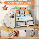 Children's front facing bookshelf with toy storage boxes and car design