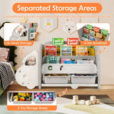 Child height bookshelf with removable toy storage bins for playroom