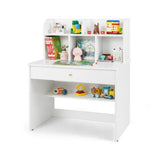 White wooden kids desk with cork pin board and storage shelf