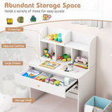 Children's desk with storage shelves and toys, labeled features.