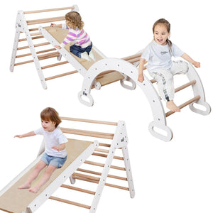 6-in-1 Kinder-Klettergerüst aus Öko-Holz | Montessori Pikler-Set | Bogen | Rocker | Folie | Kletterdreieck | Höhle | Weiß Natur