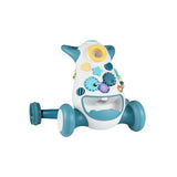 Montessori baby walker in blue activity panel with shape sorter, gears and beads