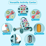 Toy activity center with various educational components on a light blue background