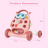 Pink toy walker with owl design and dimensions on a pink background