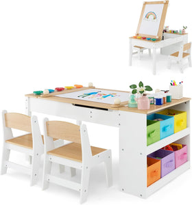 Juego de mesa de arte Montessori y 2 sillas | caballete | 6 cajas de almacenamiento | rodillo de papel | blanco | cajones múltiples