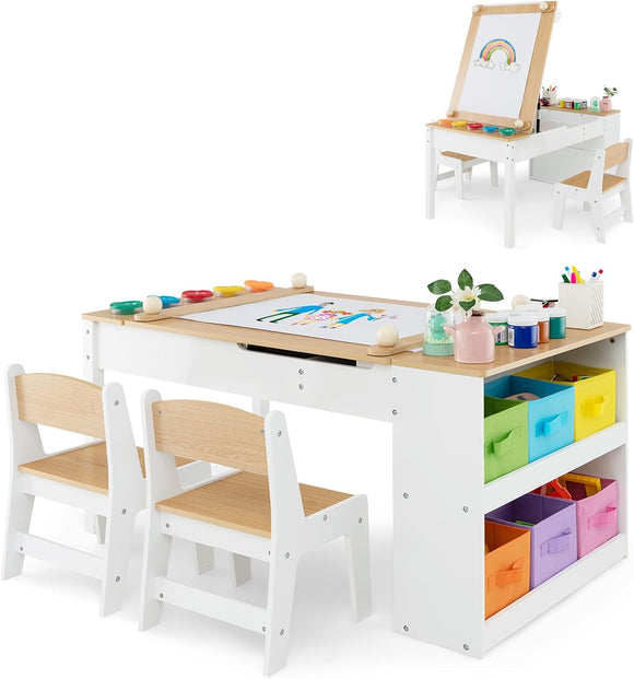 Montessori Art Table & 2 Chairs Set | Easel | 6 Storage Boxes | Paper Roller | White | Multi Drawers