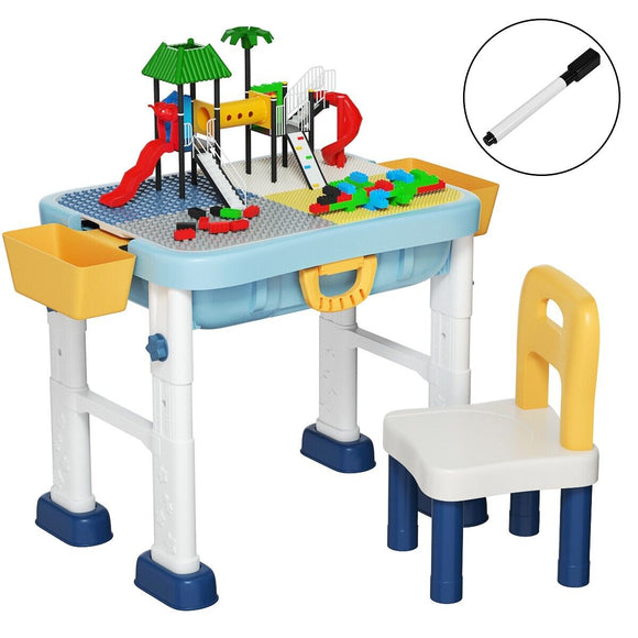 6-in-1 Folding | Portable Height Adjustable Activity Table & Chair | 2-Sided Lego Tabletop & Storage Space | Building Block | 3 Years+