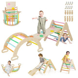 Child playing on wooden Pikler triangle set with ramp and arch