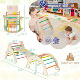 Wooden play structure with colourful elements, dimensions, and safety information.