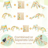 Collage of a wooden pikler climbing toy with various components and assembly instructions.