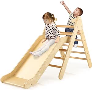 2-in-1 Children's Eco Wood Climbing Frame Montessori Pikler Triangle, Slide Climber