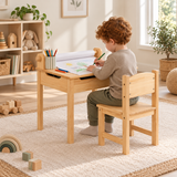 Wooden children’s desk and chair set with lift-up storage and paper roll
