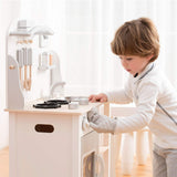 Cozinha de brinquedo de madeira Montessori com acessórios realistas e quadro negro | Branco natural