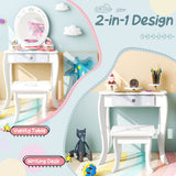 White Kids’ Dressing Table & Stool with Oval Mirror, Drawer & Play Accessories inc Hairdryer