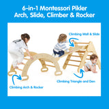 6-i-1 børne-øko træklatrestativ | Montessori Pikler Sæt | Bue | Rocker | Slide | Klatretrekant | Hule