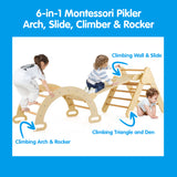 6-in-1 Kinder-Klettergerüst aus Öko-Holz | Montessori Pikler-Set | Bogen | Rocker | Folie | Kletterdreieck | Den