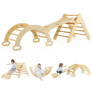 6-in-1 Kinder-Klettergerüst aus Öko-Holz | Montessori Pikler-Set | Bogen | Rocker | Folie | Kletterdreieck | Höhle | 12m+