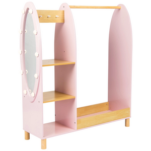 Riel de vestir Montessori de lujo | Espejo con iluminación LED y almacenamiento | 1,09 m de altura | princesa rosa