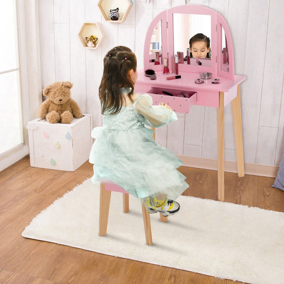 Montessori Dressing Table with Stool Set | Vanity Table | Tri-Folding Mirror | Drawer | Pink 