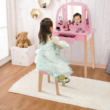 Conjunto de penteadeira Montessori com bancos | Mesa de toucador | Espelho triplo dobrável | Gaveta | Rosa 