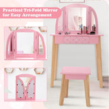 Montessori Dressing Table and Stool Set | Vanity Table | Tri-Fold Mirror | Drawer | Pink 