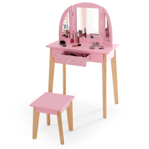 मोंटेसरी ड्रेसिंग टेबल और स्टूल सेट | वैनिटी टेबल | ट्राई-फोल्डिंग मिरर | दराज | गुलाबी 