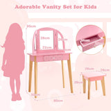 Montessori Dressing Table and Stool Set | Vanity Table | Tri-Folding Mirror and Drawer | Pink 