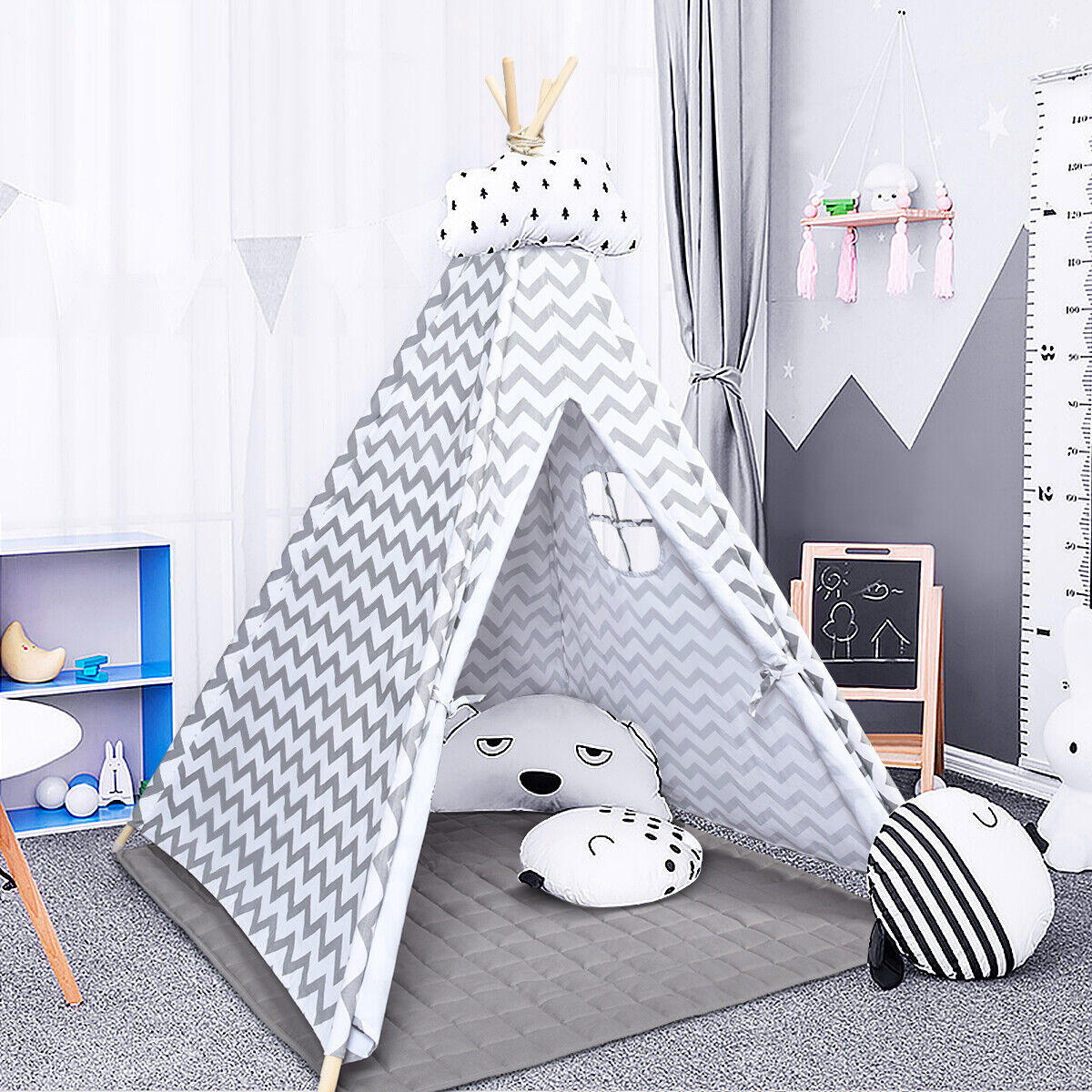 Paco Home Tienda Infantil Tipi Cuarto Infantil Juegos Interiores Sólida Robusta Wigwam Distintos Estampados, Farbe_MuVa:Gris, Establece:con Accesorios