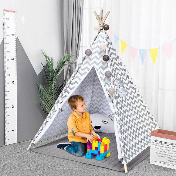 Eco-friendly Kids Indian Teepee Tent | Floor Mat | Playhouse | Cotton | White & Grey