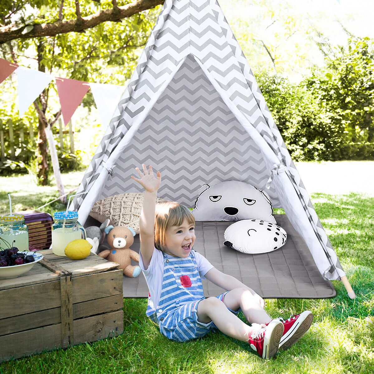 Kids Eco Indian Teepee Tent Floor Mat Playhouse White Grey
