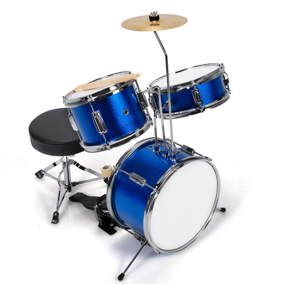 3 Piece Drum Set | Junior Kids Drum Kit with Sticks & Adjustable Stool | Blue