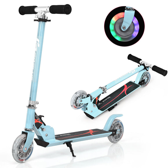 Height Adjustable Folding Stunt Scooter | Adjustable T-Bar | Push Kick | Light Up 2 Wheels | Blue | 4-13 Years