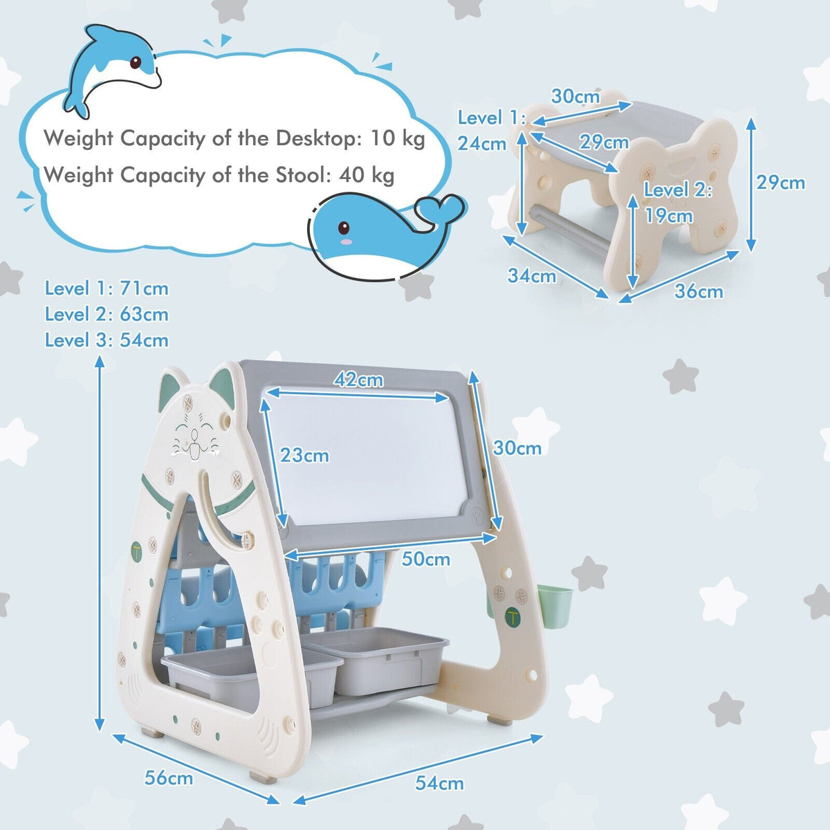 Kids Height Adjust Magnetic Dry Erase Easel | Desk | Bookcase & Stool ...