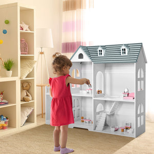 2-stöckiges Puppenhaus-Bücherregal 2-in-1-Mehrzweck-Kinderzimmer aus Holz
