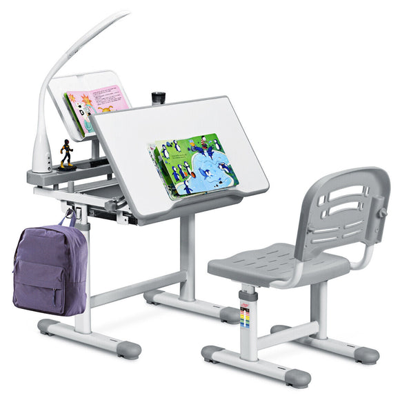 Height Adjustable Kids Study Desk & Chair Set Children Drawing Table W/ Lamp