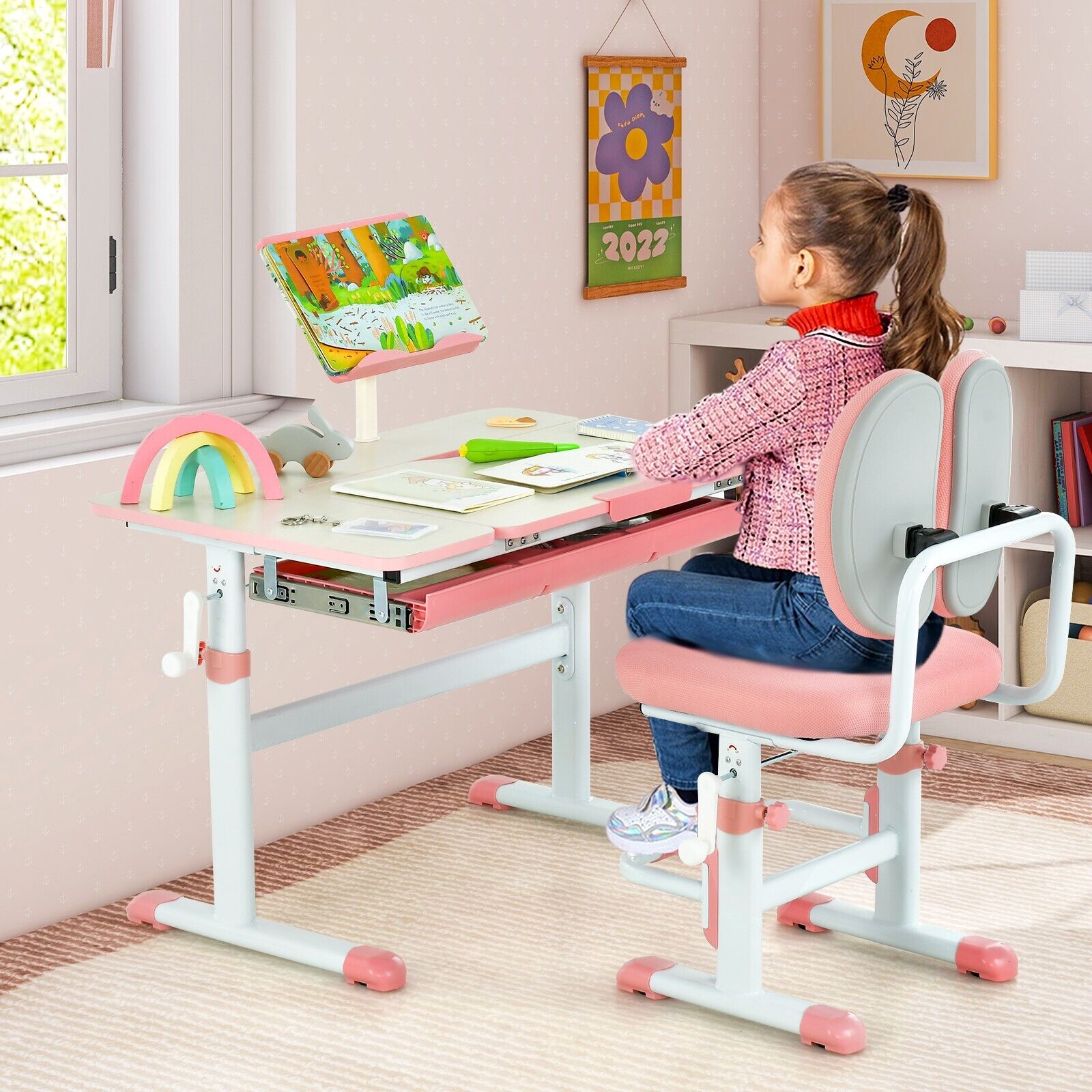 Girls Montessori Height Adjust Tilting Desk Chair Pink 3 12