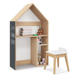 3-in-1 Montessori Desk and Stool Set | House-Shaped Bookcase & Toy Storage with Blackboard