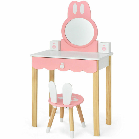 Kids Vanity Table and Chair Set Pretend Makeup Dressing Table W/ Mirror & Drawer