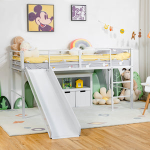 Cama de solteiro infantil loft deslizante, estrutura de cama de aço com dormitório médio e grades de proteção de segurança