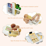  Checkout counter detail: scanner, card‑reader till and wooden play coins
