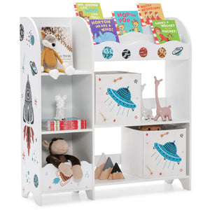 libreria Montessori 2 in 1 e unità portaoggetti per giocattoli | Deposito in legno | Tema spaziale | Bianco