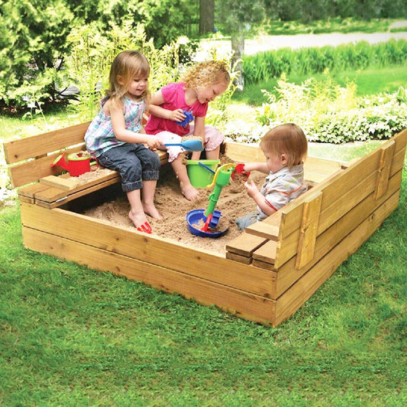 XXL 100% Eco FSC Nordic Natural Wood Sandpit with Lid & Seats | Optional Cover |  124cm Square