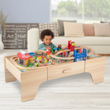 Großes Deluxe Montessori FSC Holzeisenbahn-Set | 2-in-1-Eisenbahntisch aus Holz | 100-teiliges Zugset