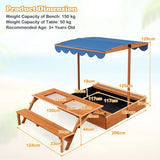 100% Eco Natural  Fir Wooden Sandpit with Seats, Height Adjusting Sun Canopy & Wooden Cover AND Picnic Bench with Sand & Water Tubs