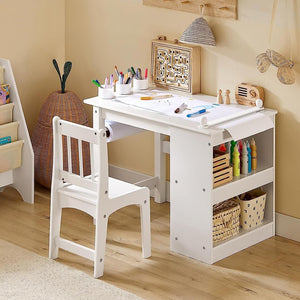 Montessori tilaa säästävä lasten kotitehtäväpöytä | Paperirulla | Varastointi | Valkoinen | Ergonominen tuoli | 5-12 vuotta