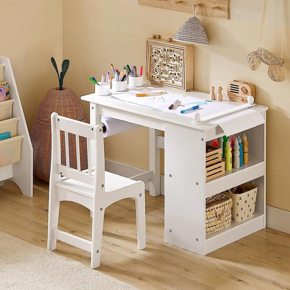 Montessori Space-Saving Children's Homework Desk | Paper Roll | Storage | White | Ergonomic Chair | 5-12 Years