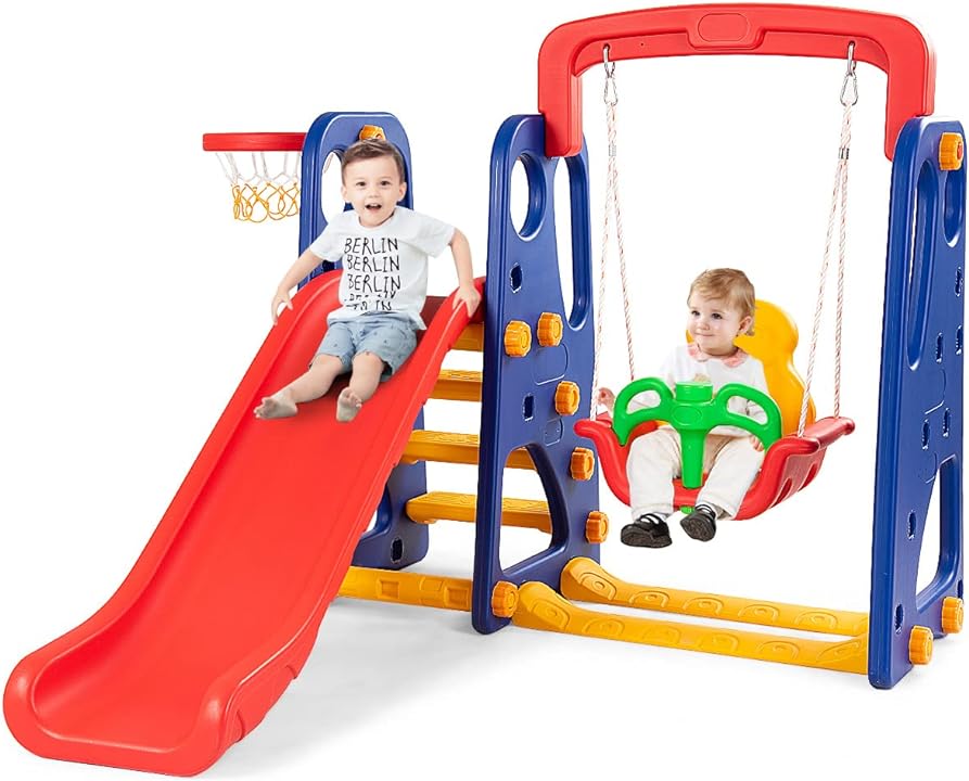 Toddlers Montessori Swing Slide Set Basketball Outdoor