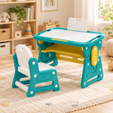 Teal and yellow kids table and chair set with tilting whiteboard