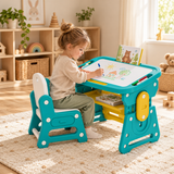Girl at Teal and yellow kids table and chair set with tilting whiteboard
