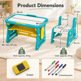 Children’s teal and yellow whiteboard table with drawing pens and eraser